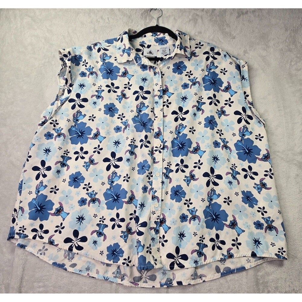 Disney Lilo & Stitch Aloha Hibiscus Floral Shirt Women's 2X  Button Down Blue